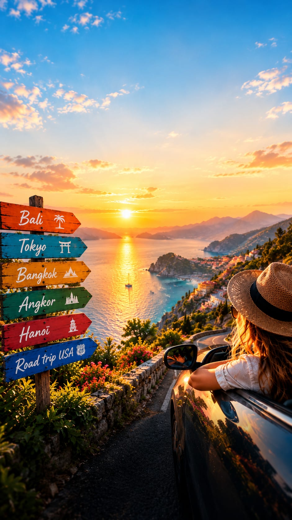 Pancartes de destinations au bord d'une route
