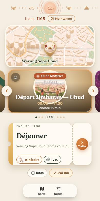 Écran « Maintenant » du carnet : étape en cours et étape suivante
